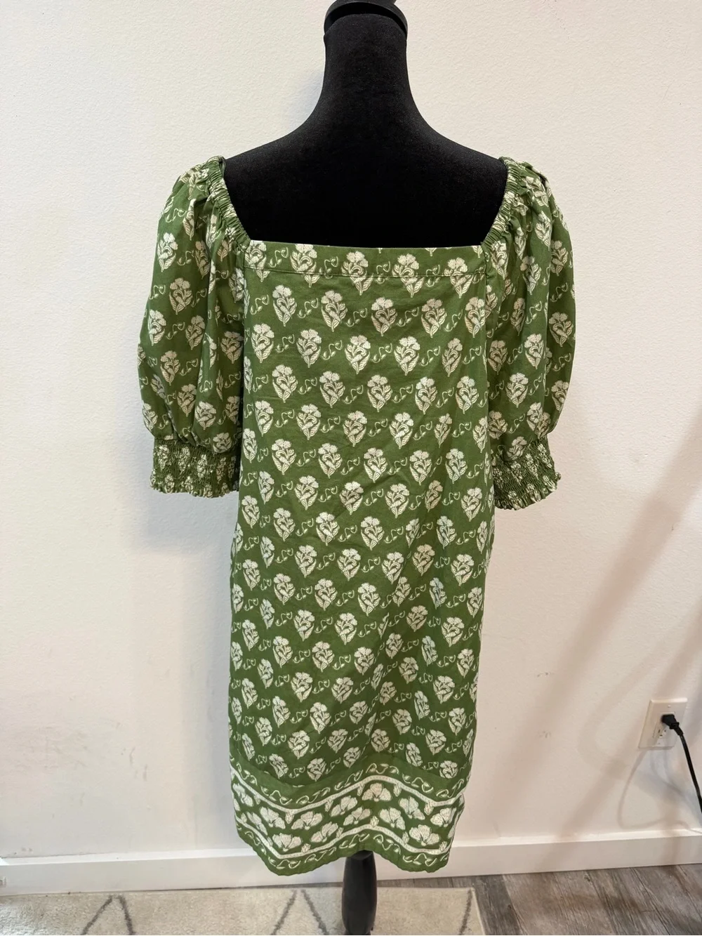 Olive Green Botanical Block Print Cotton Puff Sleeve Shift Dress L Square Neck